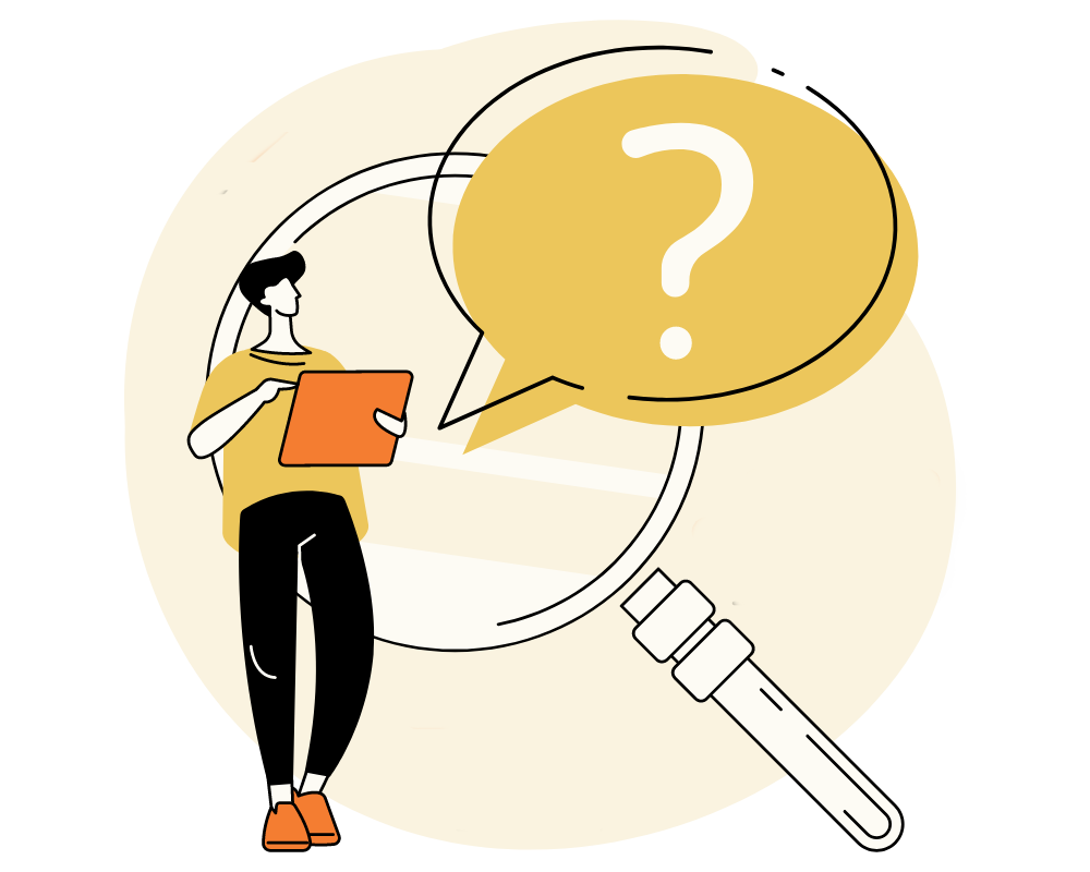 A graphic of someone holding a tablet, with a magnifying glass and a question bubble floating overhead